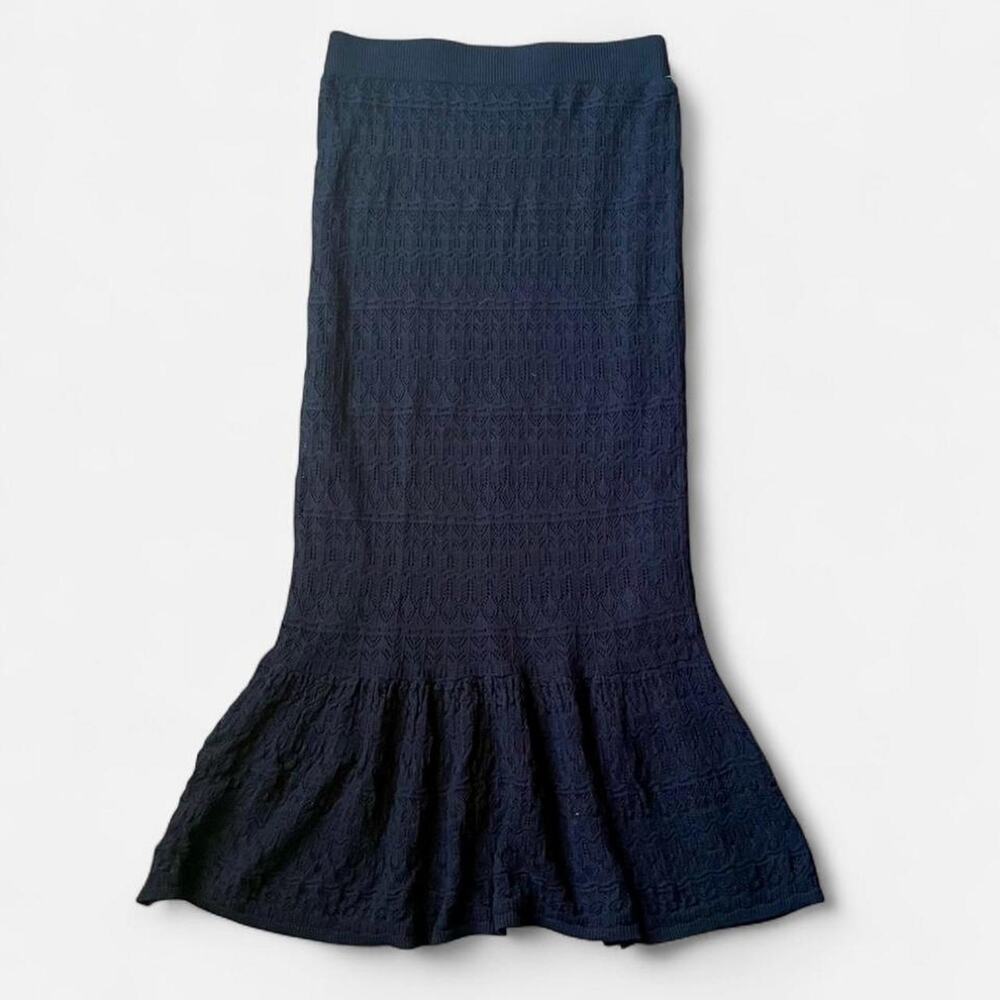 House of Harlow 1960 Black Crochet Knit Maxi Skirt Boho Flounce Hem Women's S